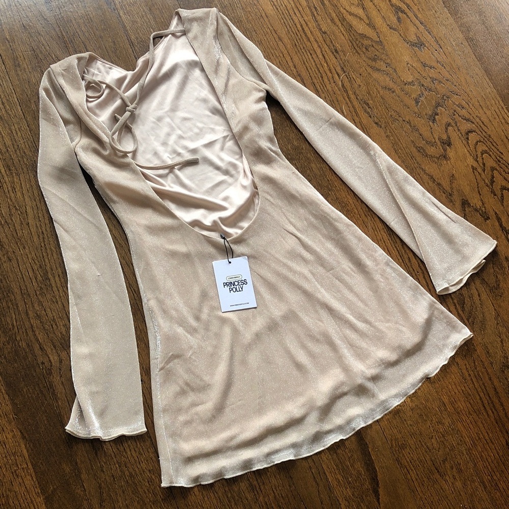 Princess Polly Supernova Longsleeve Sparkle Champagne Mini Dress - Picture 7 of 7